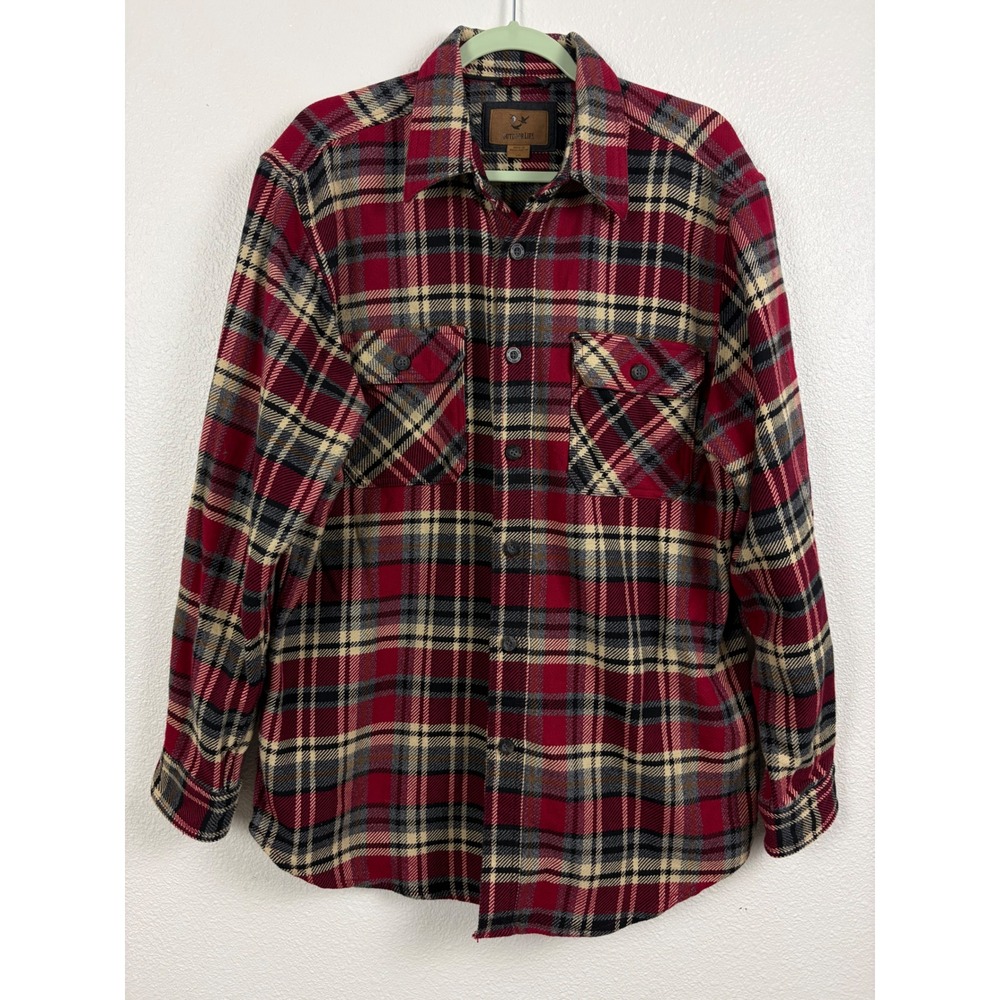 Outdoor Life Men L Red Plaid Flannel Shirt 100% Cotton Button Front Lumberjack